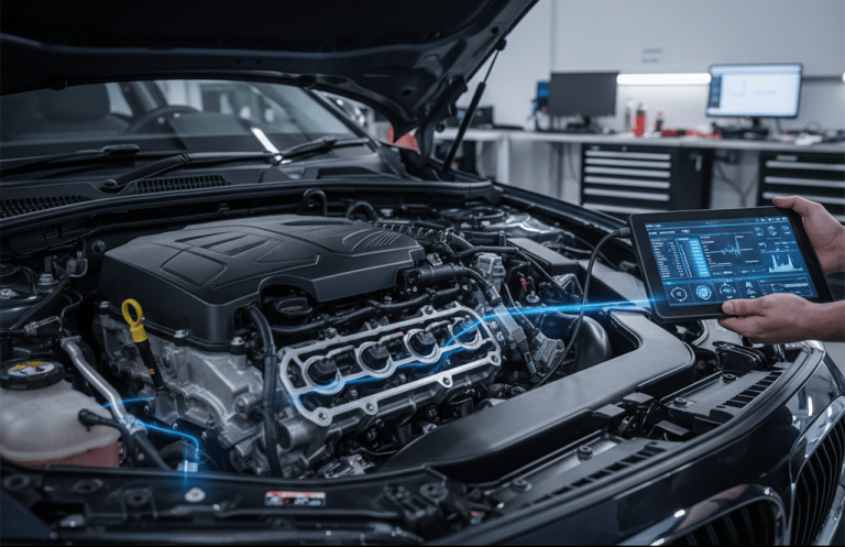 Técnico analizando un motor moderno con escáner OBD2 para diagnóstico de inyección electrónica